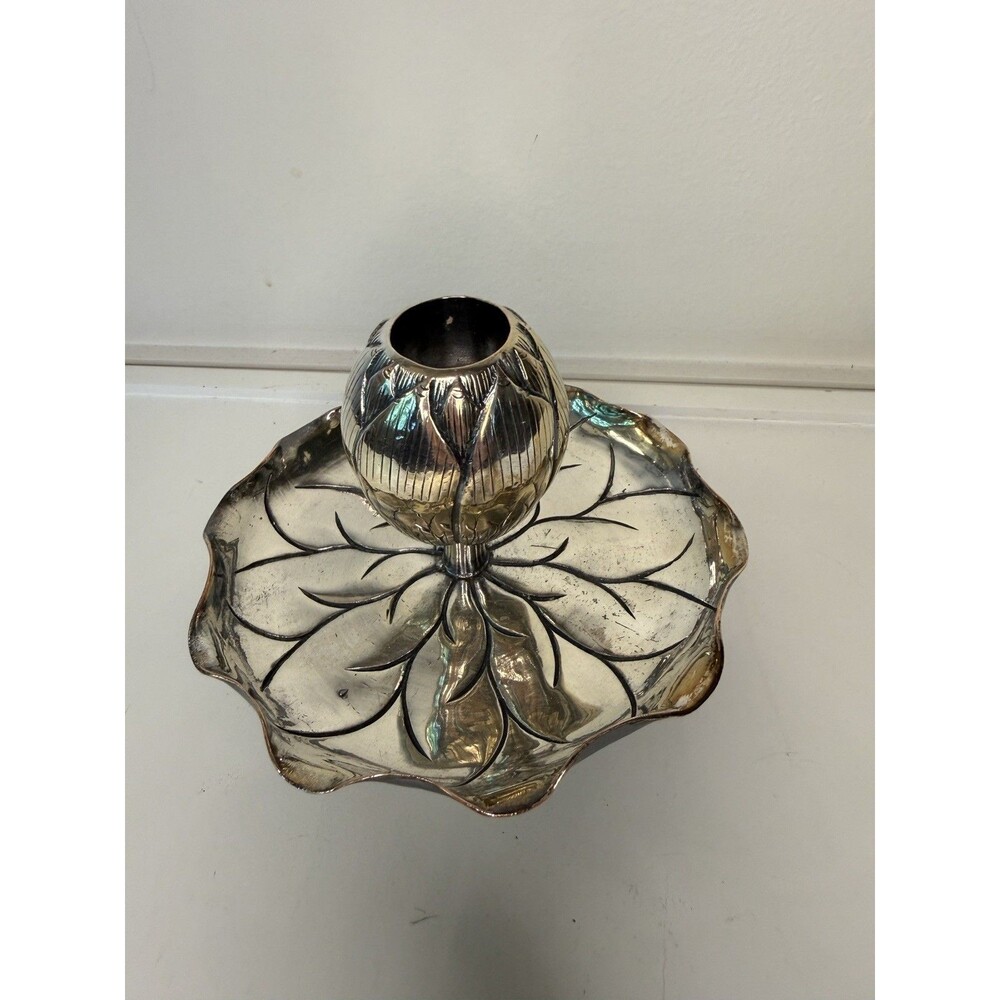 Vintage Silver Tone Ornate Lotus Flower Metal Candle Holder Floral Candle Decor